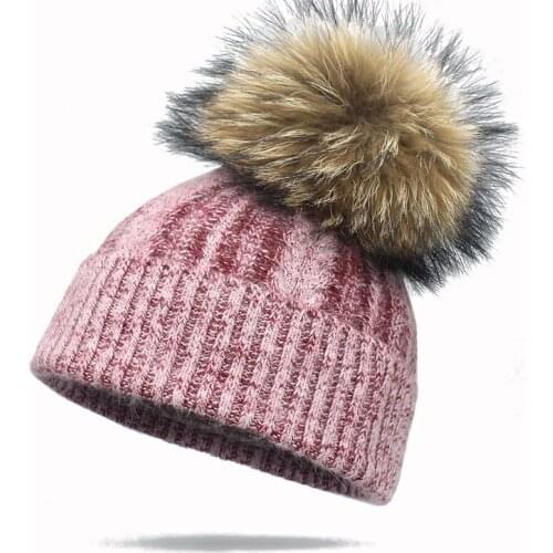 New Winter Wool Beanie Hat With Real Fur Pom Pom For Women Girls Solid Color Skullies Beanies Hat Warm Female Soft Beautiful Cap