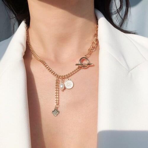 TARCLIY Gothic Vintage Imitation Pearl Gold Color Coin Pendant Necklace Fashion OT Buckle Punk Clavicle Necklace Women Jewelry