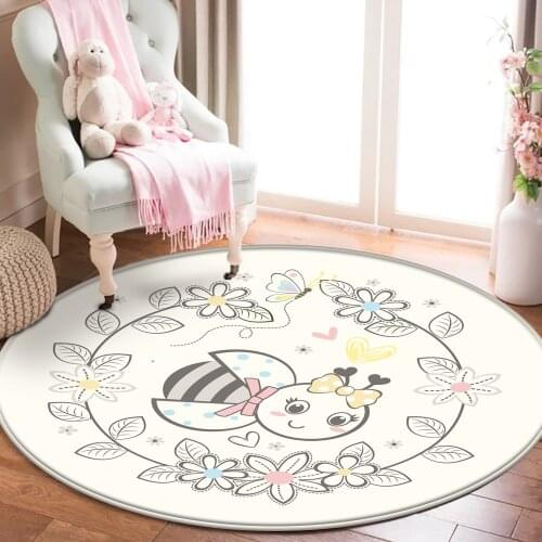 Top Brand Simple Bee Butterfly Pattern Flannel Children Carpet Non-Slip Baby Carpet Round Bedroom Living Room Decor Carpet