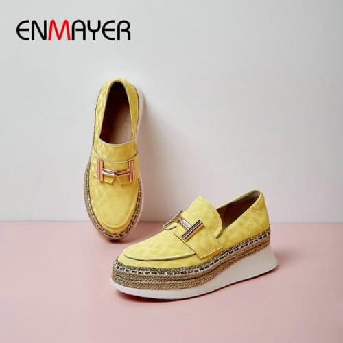 ENMAYER 2020 Genuine Leather Luxury Women Shoes Casual Wedges Round Toe Buckle Strap Wedding Shoes Metal Decoration High Heels