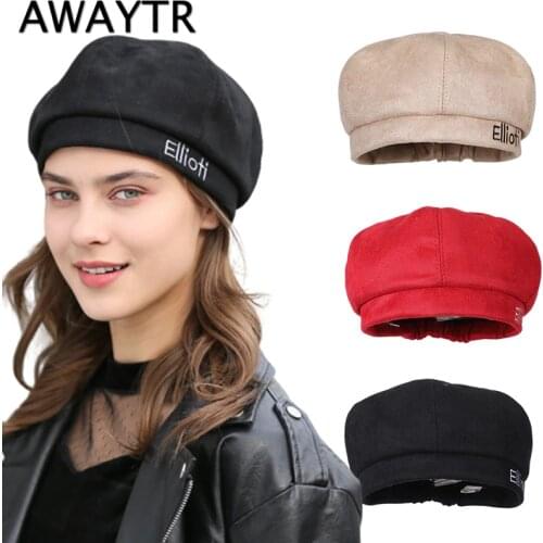 AWAYTR Ellioti Letter Embroidery Berets Female Girls Wild Fashion Wool Cap Warm Winter Hat Casual Style Styling Tools Headdress
