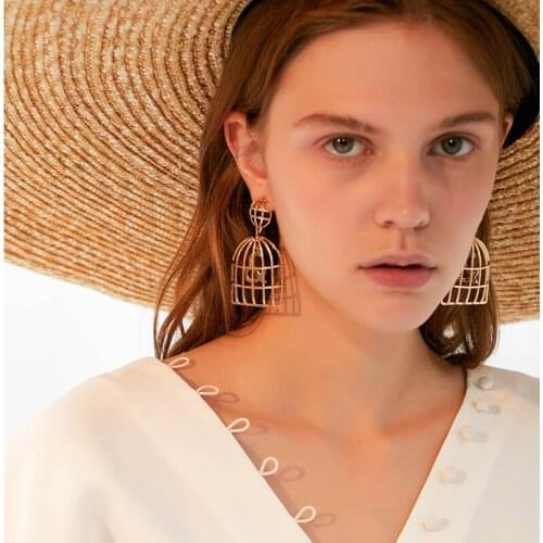 Womam hollow-out earrings exaggerated bird-cage earrings long Korean fashion 2019 vintage gold color earring
