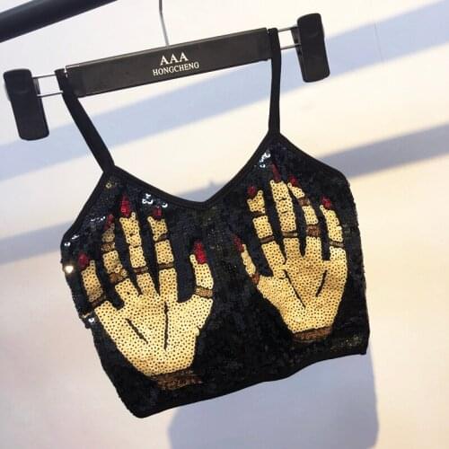 Summer 2019 New Fashion Sequined Short Camis Women Streetwear Panelled hand Sequines tank top Sexy V-Neck Sleeveless Tanks Mw711