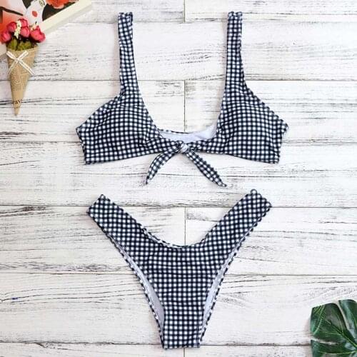 Swimwear Women New Checkered Bikinis Tie Knot Front Bathing Suits Swimsuit Push-Up Padded Beachwear Bikini Set Thong