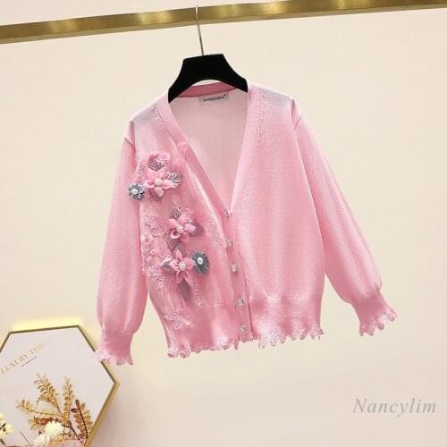 Top Women Pink Ice Silk Knitted Cardigan Womens Outer Wear Summer Beaded Flower Air Conditioning Shirt Thin Top Femme
