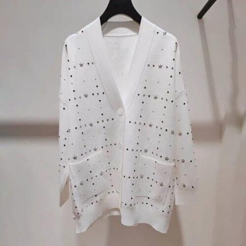 Woman White Cardigan Star Willow Stud V-neck Long Sleeve Pocket Loose Casual Knitted Sweater Women