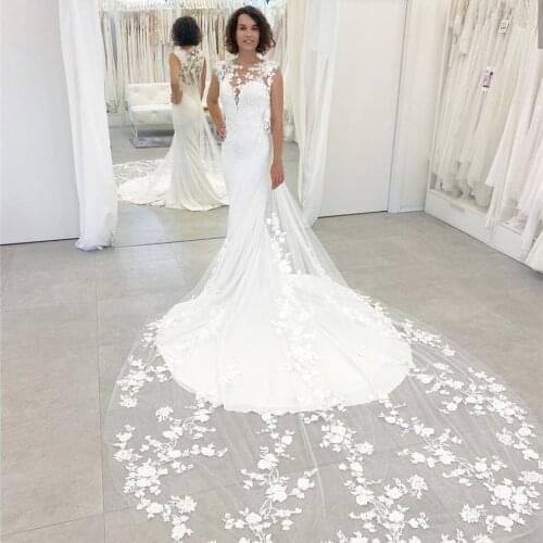 Gorgeous Mermaid Wedding Dress 2021 Sheer Neck Cap Sleeve Lace Appliques Satin Sweep Train Tulle Bride Gown Vestidos De Noiva