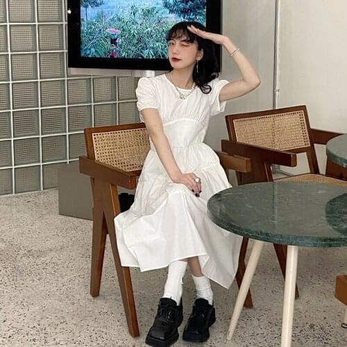 Eam Dress White Fluffy Sleeve Dress Female French Small Long Skirt Summer New Style Thin Belt Temperament Dress