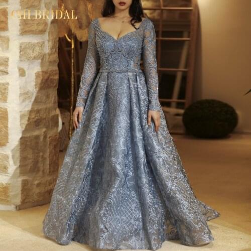 New Ladies Elegant And Elegant Evening Dress Long Sleeve A-line Luxury V-Neck Crystal Handmade Lace Ball Formal Dress