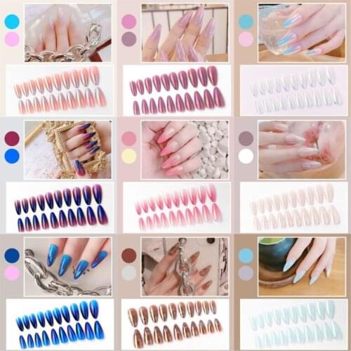 24pcs Gradient Aurora Mirror Design False Nail Wearable Long Stiletto Press on Finished Nails Full Cover Fake Nail Tips