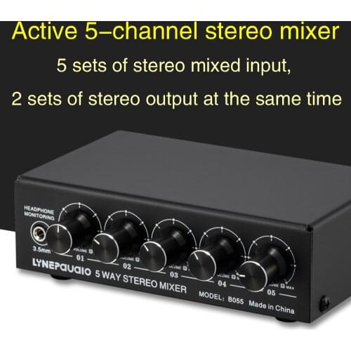5-channel stereo active mixer, with independent volume adjustment output, with headphone monitoring function