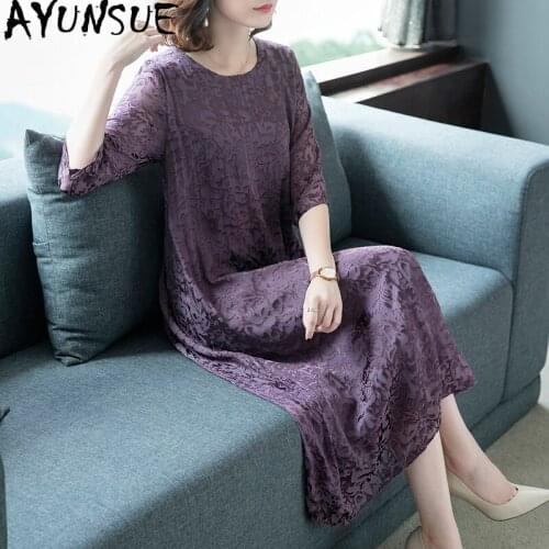 AYUNSUE 2020 Spring Summer Dress Women Silk Purple Plus Size Dresses Elegant Fashion Midi Vintage Vestidos Casuales KJ4605