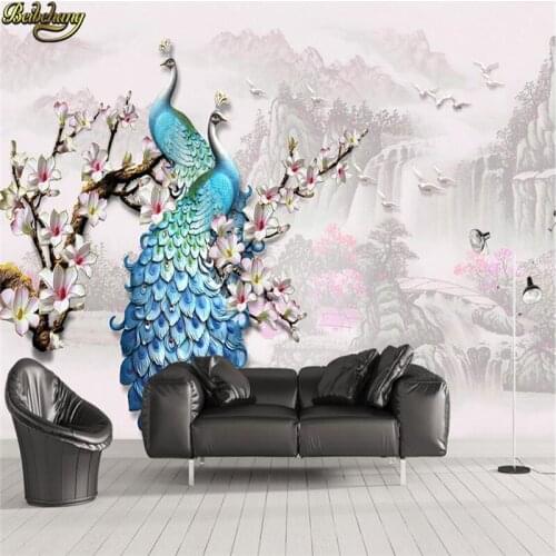 Beibehang Custom wallpaper large mural wall stickers water production three-dimensional relief blue peacock magnolia background