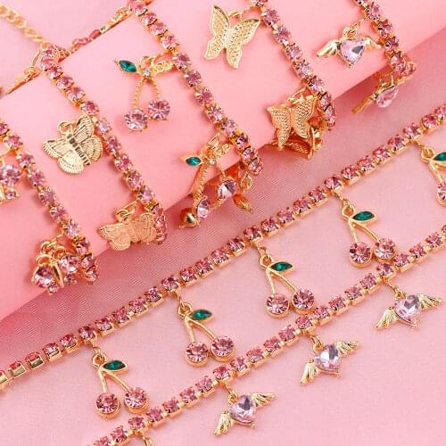 Hot Sale Cherry Butterfly Charms Crystal Tennis Anklets For Women Pink Rhinestone Beach Ankle Bracelet Foot Leg Chain Jewelry