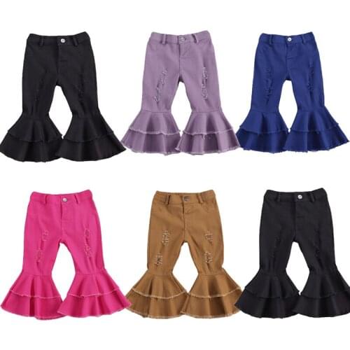 Children Baby Girls Trousers Autumn Outfits Solid Color Ripped Double-Layer Long Pants Bell-Bottomed Pants with Pockets 1-6 Y