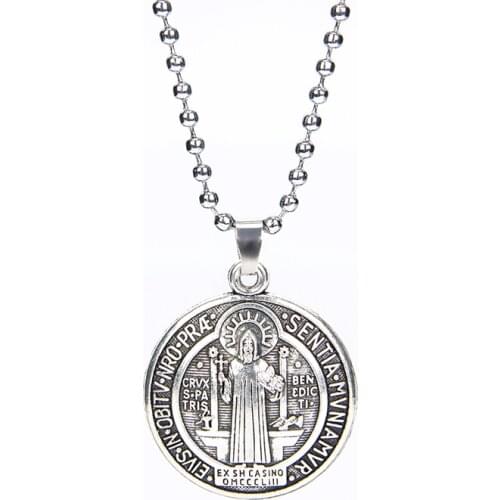 San Benito Medal Cross Jesus Pendant Stainless Steel Saint Benedict Link Chain Necklaces for Women Men Religious Jewelry