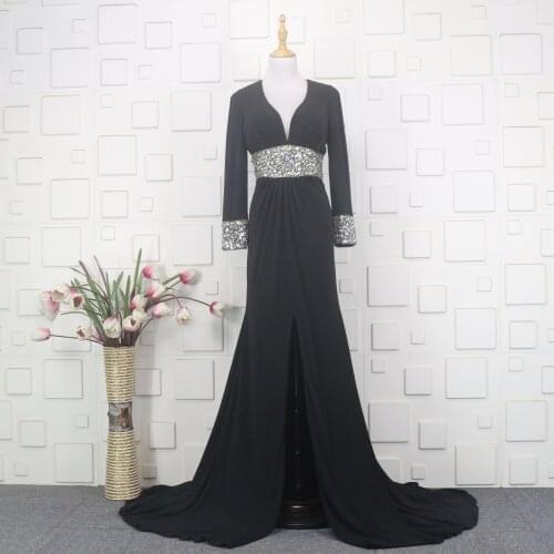 Black Evening Dresses Mermaid Crystal Beads 2021 Long Sleeves A Line V Neck Floor Length Evening Gowns for Women