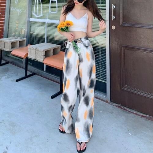 Large size fat mm slit tie-dye jeans summer thin high-waisted wide-leg straight micro-horn mopping pants