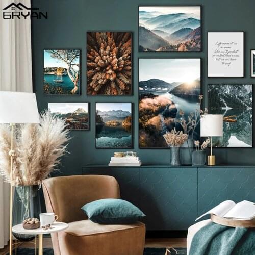 Autumn Landscape Scandinavian Mountain Lake Poster Forest Top View Canvas Painting Modern Wall Art Picture Living Room Decor