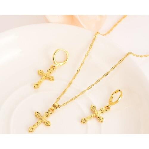 24 k fine solid gold GF small cross Pendant Necklace chain Earrings sets Christian jewelry sets Best Jesus bridal Gifts handsome
