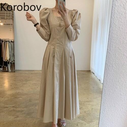 Korobov 2020 New Chic Elegant Solid Square Collar Dress Korean Vintage Long Sleeve High Waist Dresses Autumn Winter Vestidos