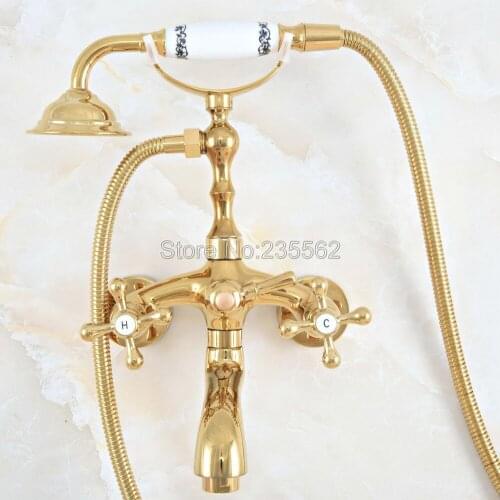 Gold Color Brass Two Cross Handles Wall Mounted Clawfoot Bath Tub Faucet Mixer Tap Telephone Style Hand Held Shower Head Lna804