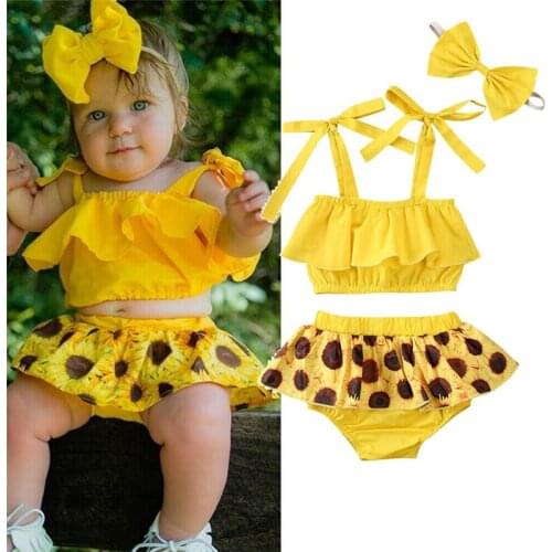 2020 Summer Baby Girl Clothes 3PCS Toddler Baby Girls Floral Print Top Short Pants Headband Ruffles Outfits Set roupa infantil