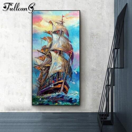 FULLCANG sailboat scenery mosaic 5d diy diamond painting full square round drill rhinestone embroidery kits wall decor FG0172