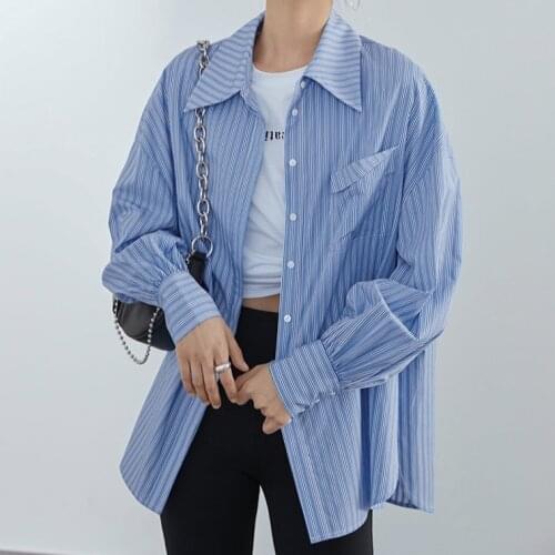 2021 Early Spring New Girl Blouses Classic Basic Blue and White Striped Design Long Sleeve Shirt Women