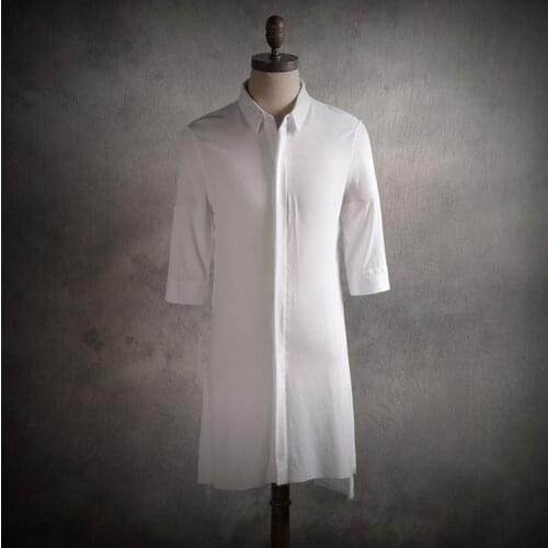 2021 New Fashion White Linen Shirt Men Half-sleeve Medium-long Thin Personality Casual Loose Shirt Singer Clothing