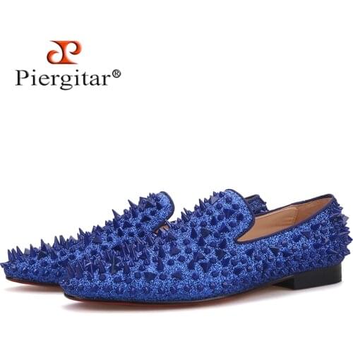 Piergitar handmade royal blue cow leather men studded shoes fashion red bottom mens loafers for wendding and party plus size