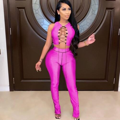 Sexy Lace Up Bandage Matching Sets for Women Co Ord Sets Party Birthday Club 2 Piece Outfits Hollow Out Crop Top and Pants Sets