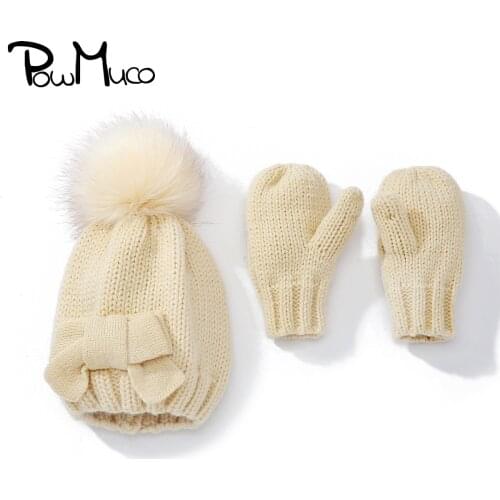 Powmuco Solid Color Handmade Knitted Hat and Gloves Set Autumn and Winter Warm Infant Accessories Cute Bowknot Baby Girls Caps