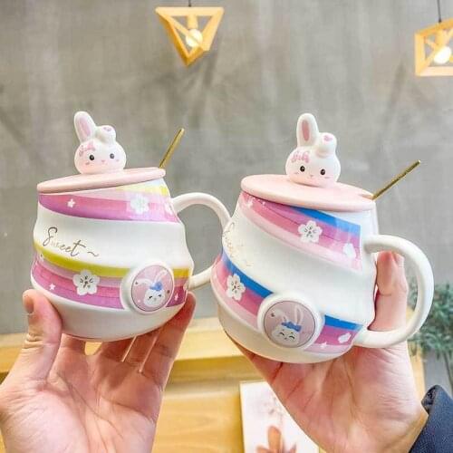 Rainbow Mug 450ML With 3d Rabbit Lid and Spoon Couple Spiral Ceramics Cup Home Breakfast Milk Coffee Bottle Cute Child Gift