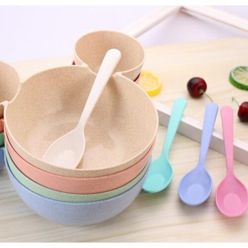 Rosiky Wheat straw baby feeding bowl kids rice bowl with spoon cute dinner plate children baby cartoon food tableware