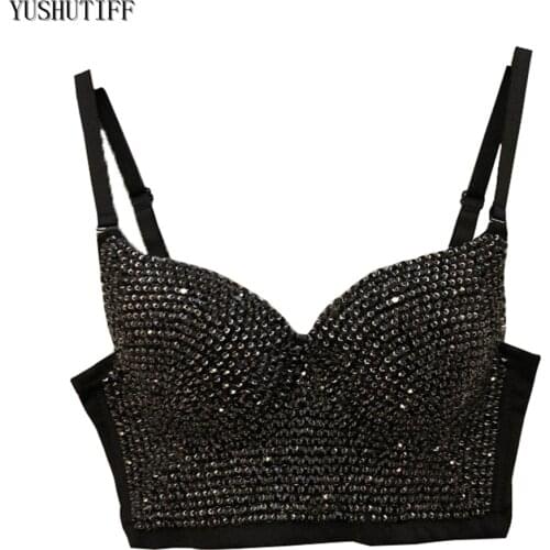 2021 Summer Short Tops Beading Rhinestone With Built In Bra Sleeveles Croptop Push Up Bralette Ribbed Tank Top Spaghetti Strap