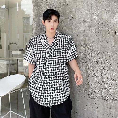 2021 spring summer Korean streetwear hip-hop houndstooth plaid casual suit collar short-sleeved shirt mens loose Outerwear men