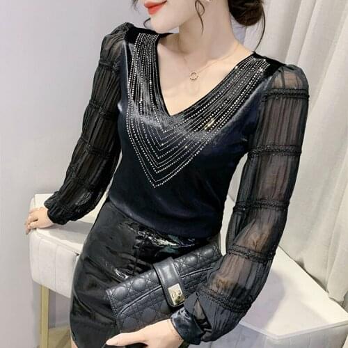 Autumn New 2021 Long Sleeve V-Neck Womens Tops Fashion Casual Hot Drilling Puff Sleeved Womens t-shirt Blusas