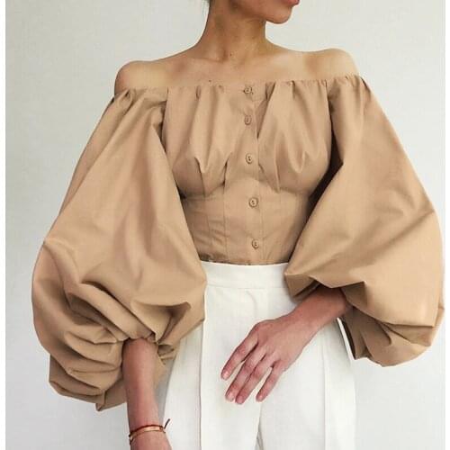 Off The Shoulder Lantern Long Sleeve Womens Shirt Tunic Pleated Sexy White Female Shirts 2021 Spring Vintage Elegant Ladies Top