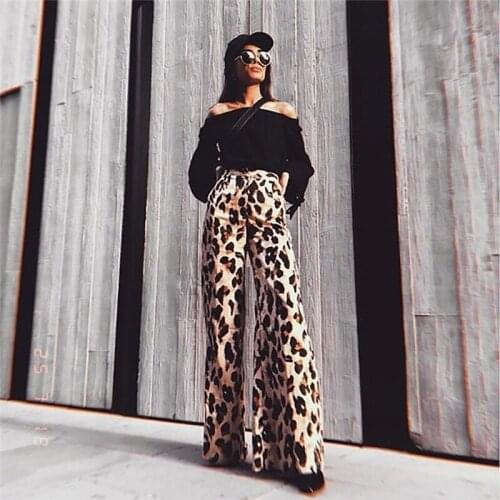 Ladies Women Leopard Print Long Palazzo Pants Fashion Female Loose Wide Leg Long Pants Casual Clothes Four Size