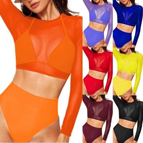 Womens Round Neck Pullover Transparent Tops Lace High Waist Split Bikini 3-Piece Set Swimsuit