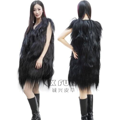 CX-G-B-130 Winter Female Black Sleeveless Goat Long Fur Vest Women Solid Fluffy Genuine Goat Fur Gilet Woman Goat Vests Ladies