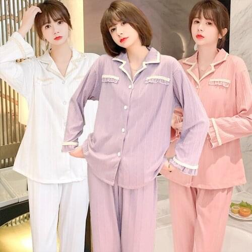 2021 Spring Autumn Long Sleeve Cotton Pajama Set for Women Korean Cute Lace Sleepwear Suit Pyjamas Homewear Pijama Mujer Clothes