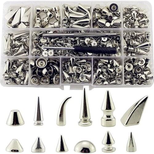 265 Sets Multiple Designs Screw Back Silver Punk Spikes and Studs Metal Tree Cone Rivets for Leather Crafts DIY Project