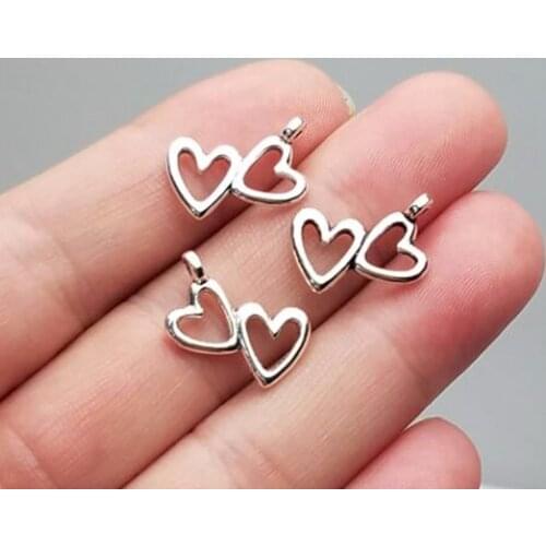 50pcs/lot--10x18mm, heart charms, Antique silver plated Double Hearts charms,DIY supplies, Jewelry accessories