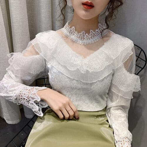 Blouse Women Lace Mesh Patchwork Pleuche Long Sleeve Shirt/Shirts Blouse Blusas Ropa De Mujer