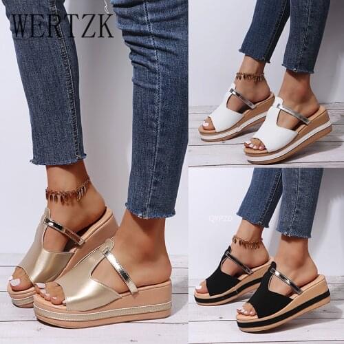 Gold Womens Heels Sandal Thick Bottom Casual Shoes Ladies Leisure Summer Wedges Sandals Woman Shoes Women Platform Mules Slipper