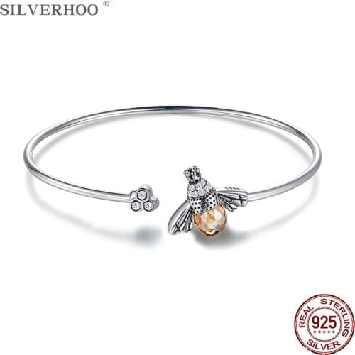 SILVERHOO 925 Sterling Silver Charm Bangle Austria Crystal Bee And Honeycomb Open Bracelets Bangles For Women Silver Jewelry