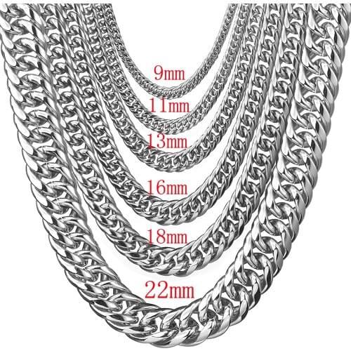 Polishing Silver Color Stainless Steel 7-40 Inches Option Mens 7/9/11/13/16/18/22mm Wide Curb Cuban Chain Necklace Or Bracelet