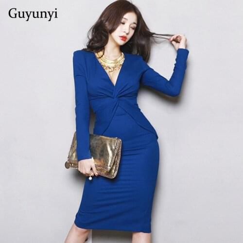 Elegant Party Dress 2021 Autumn Blue Sexy Deep V-Neck Long Sleeve High Waist Tight Dress Simple Temperament OL Dress Women